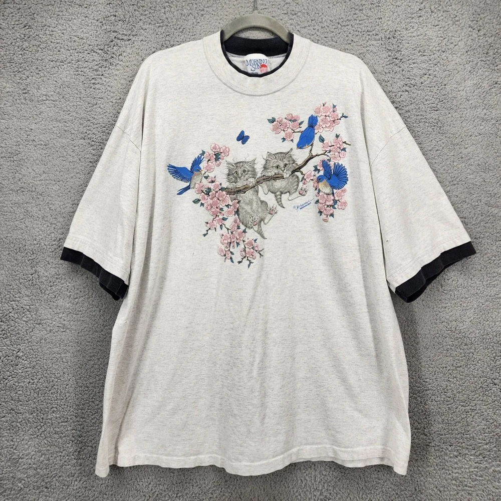 Vintage Morning Sun Woman Gray Kitten Bluebird Graphic T-Shirt 3X Made in USA